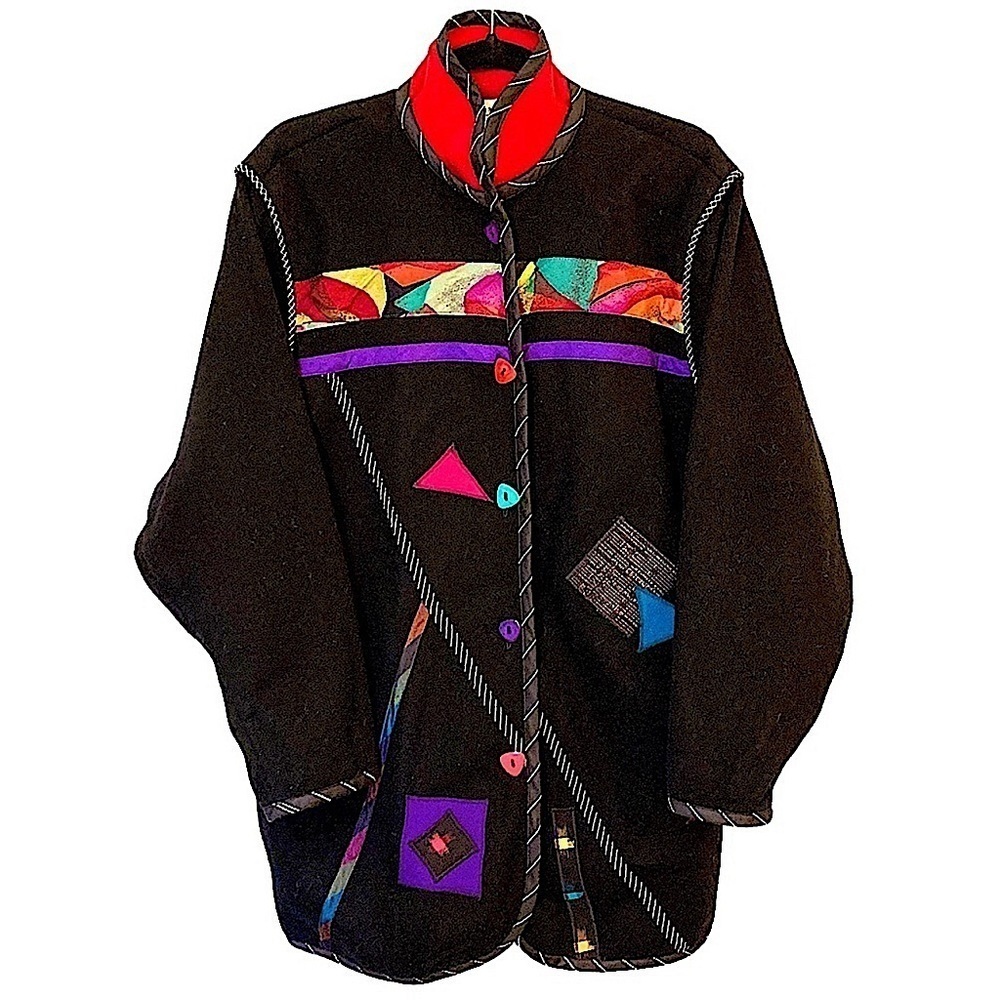 Lynn Murray Vintage 80's Black Wool Coat with Fabric Appliques and Cording L/XL
